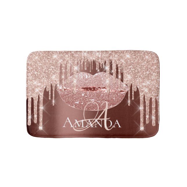 Alfombrilla De Baño Rosa Skinny Royal Purpurina Nombre Monograma Maqui (Anverso)