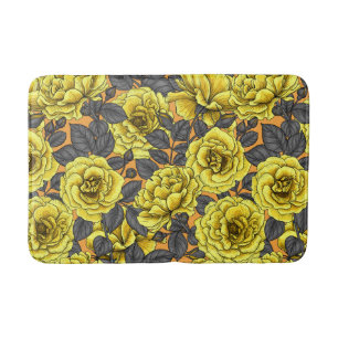 Alfombrilla De Baño Rosas amarillas con hojas grises en naranja