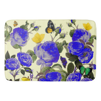 Alfombrilla De Baño ROSAS AZULES Y MARIPOSAS AMARILLAS Blanco