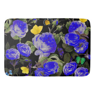 Alfombrilla De Baño ROSAS AZULES Y MARIPOSAS AMARILLAS Negro