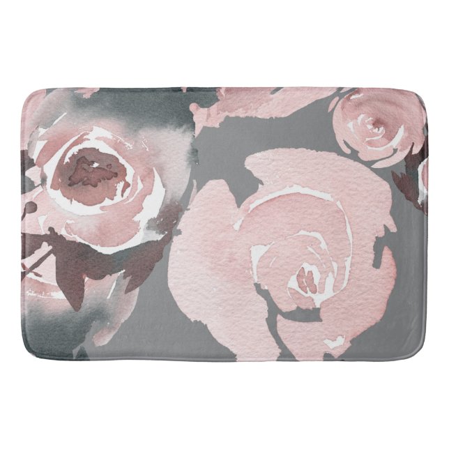 Alfombrilla De Baño Rosas de acuarela rosada Flora de carbón gris (Anverso)