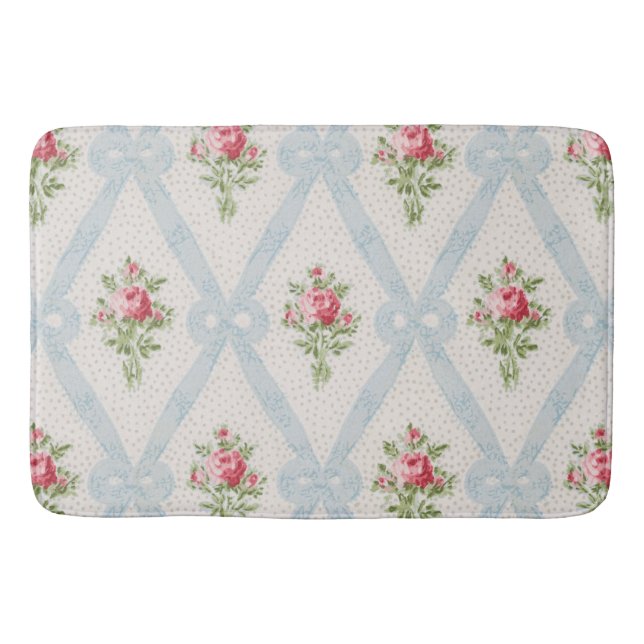 Alfombrilla De Baño Rosas de Victoria Rosa con Entramado Azul (Anverso)