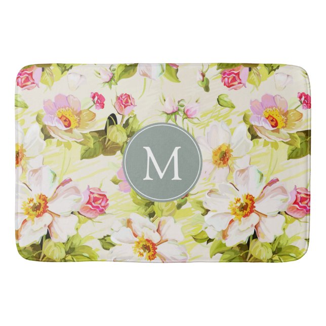 Alfombrilla De Baño Rosas florales de época Peonies Monogram Bath Mat (Anverso)