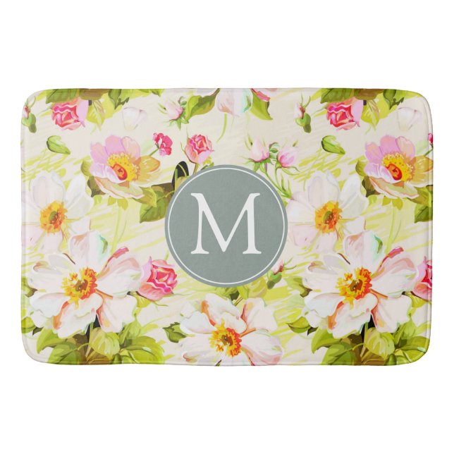 Alfombrilla De Baño Rosas florales de época Peonies Monogram Bath Mat (Anverso)