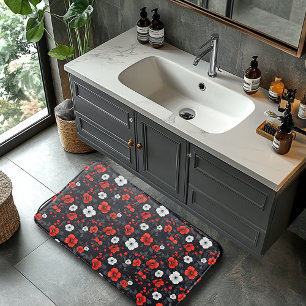 Alfombrilla De Baño Rosas Rojas y Blancas Hermosas sobre Fondo Negro