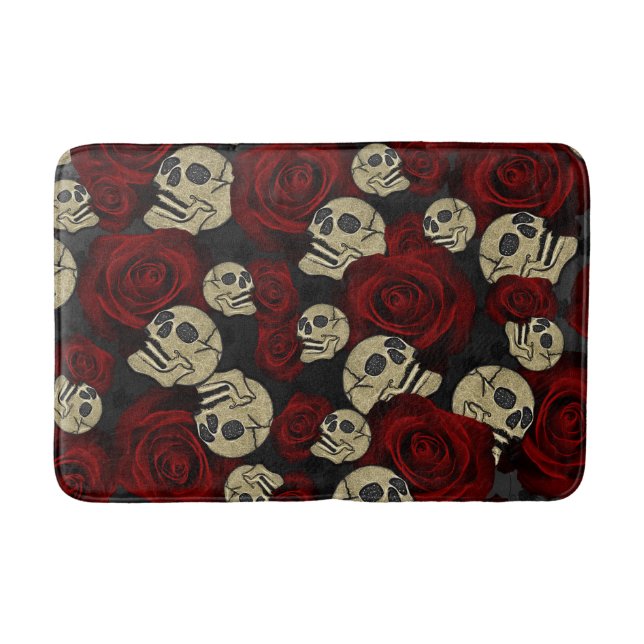 Alfombrilla De Baño Rosas Rojas y Calaveras Gris Floral Gótico Negro (Anverso)