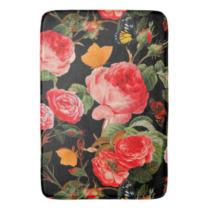 Alfombrilla De Baño ROSAS ROJAS Y MARIPOSAS AMARILLAS Flores Negras