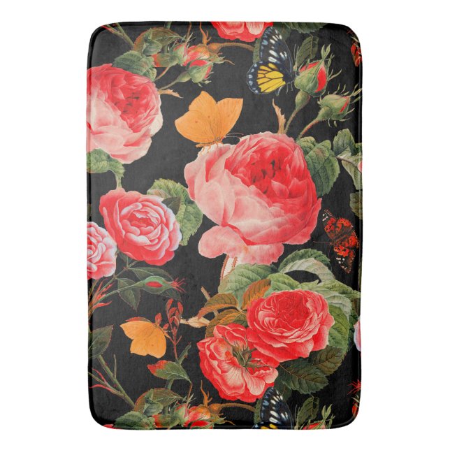 Alfombrilla De Baño ROSAS ROJAS Y MARIPOSAS AMARILLAS Flores Negras (Frente vertical)