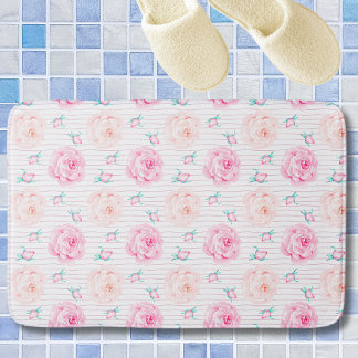 Alfombrilla De Baño Rosas románticas pastel acuarela rosa con rayas