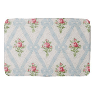 Alfombrilla De Baño Rosas victorianos rosados con Entramado Azul