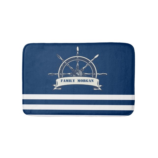 Alfombrilla De Baño Rueda Náutica, franjas azul de la marina (Anverso)