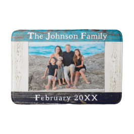 Alfombrilla De Baño Rustic Blue Wood Frame Family Name Photo