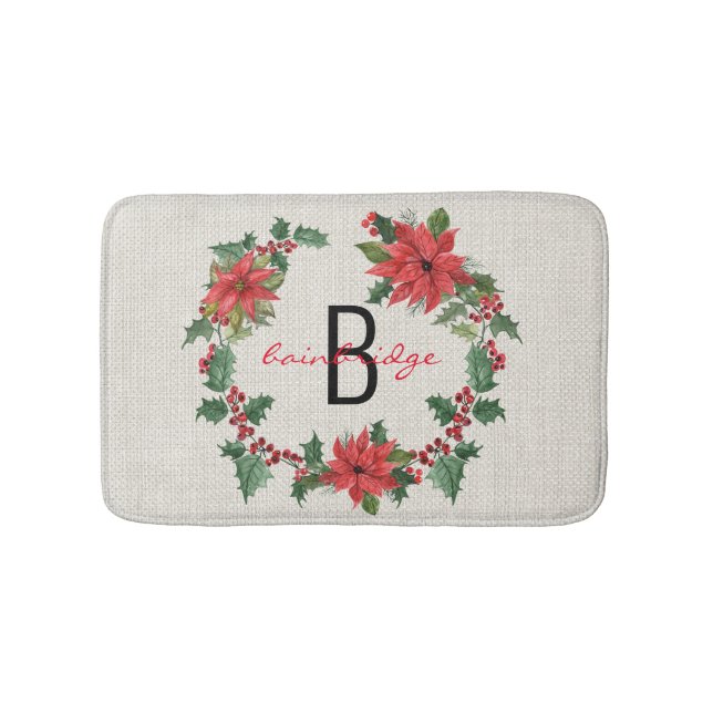 Alfombrilla De Baño Rustic Farmhouse Poinsettia Wreath Name Navidades (Anverso)
