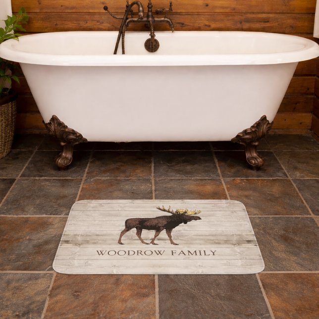 Alfombrilla De Baño Rustic Wood Moose Family Name Shower Curtain (Subido por el creador)