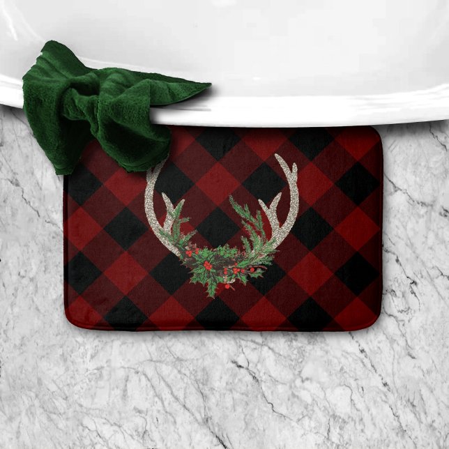 Alfombrilla De Baño Rústico Boho Deer Antlers | Navidades Plaid Floral (Subido por el creador)