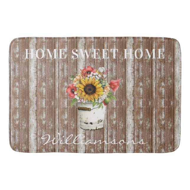 Alfombrilla De Baño Rústico Hogar Dulce Hogar Nombre Familia de Madera (Anverso)