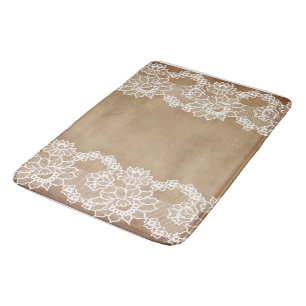Alfombrilla De Baño Rústico país vintage beige arpillera y encaje blan