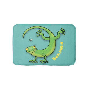 Alfombrilla De Baño Saludos felices de gecko verde lindo con personali