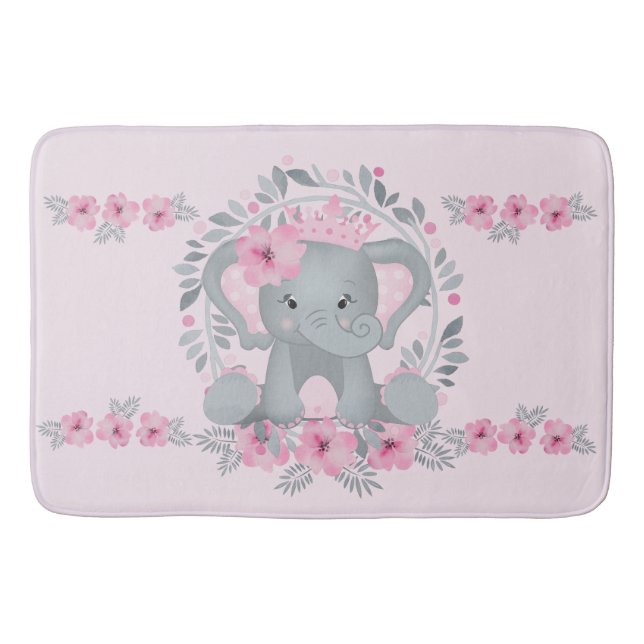 Alfombrilla De Baño Salvaje Safari Pink Floral Baby Elephant Nursery (Anverso)