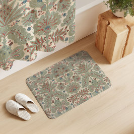 Alfombrilla De Baño Salvia Damask Botánica Verde Rojo Naranja Crema