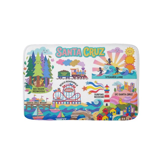 Alfombrilla De Baño Santa Cruz Illustrated Map Boardwalk Beach Surfing (Anverso)