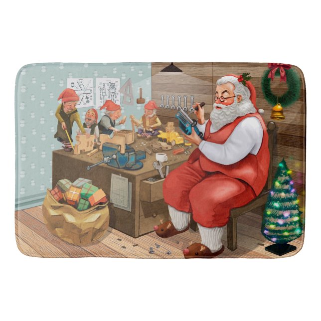 Alfombrilla De Baño Santa Y Elves Haciendo Juguetes | NAVIDADES (Anverso)