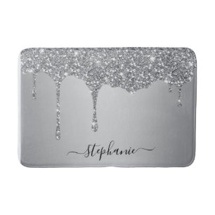 Alfombrilla De Baño Script Nombre personalizado Purpurina Plata Perfor