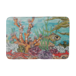 Alfombrilla De Baño Sea Life Ocean Coral Fish Starfish Watercolor Aqua