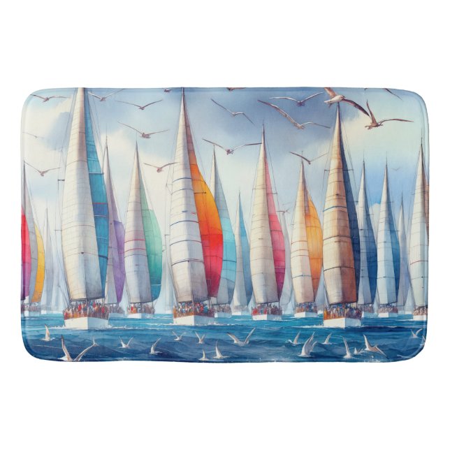 Alfombrilla De Baño Seagulls Soaring With a Sailboat Regatta (Anverso)