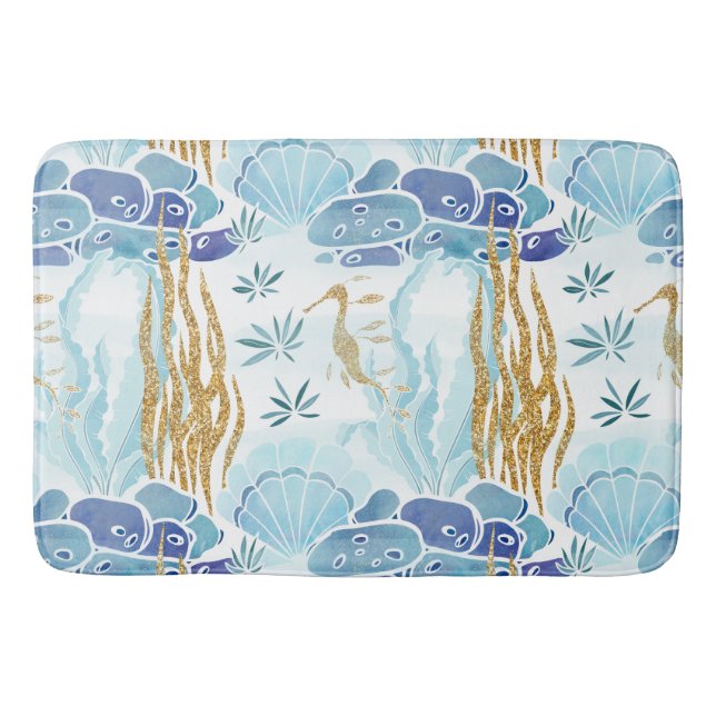 Alfombrilla De Baño Seahorse Seashells Gold Purpurina Blue Ocean (Anverso)