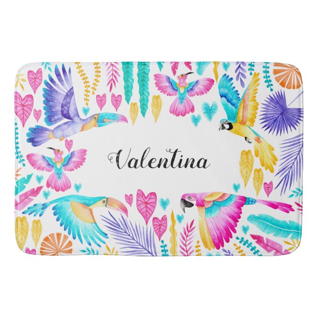 Alfombrilla De Baño Selva tropical Aves exóticas Acuarela (Anverso)
