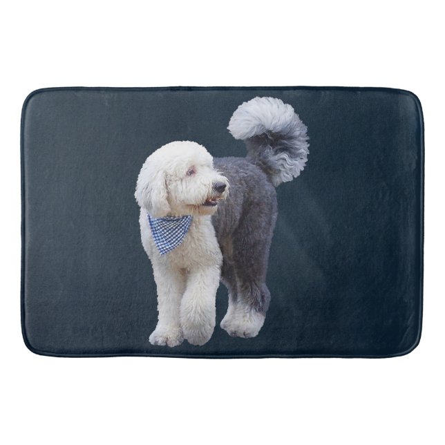 Alfombrilla De Baño Sheepadoodle con bufanda azul a cuadros (Anverso)