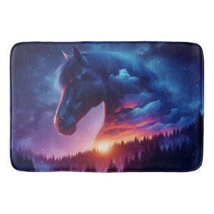 Alfombrilla De Baño Silhouette de caballos en un paisaje forestal atar