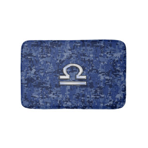 Alfombrilla De Baño Símbolo libra zodiaco en camo digital azul