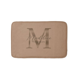 Alfombrilla De Baño Simple Script Metálico Monograma Taupe Gold