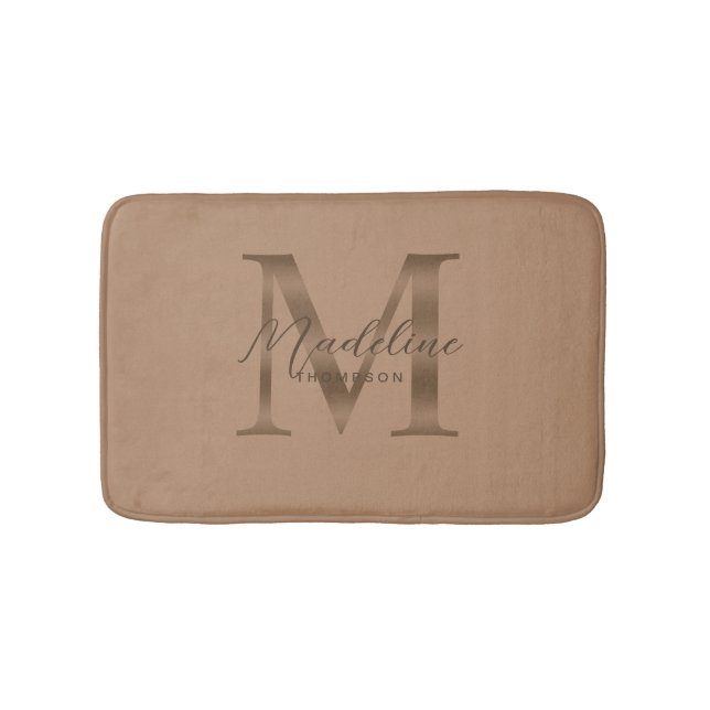 Alfombrilla De Baño Simple Script Metálico Monograma Taupe Gold (Anverso)