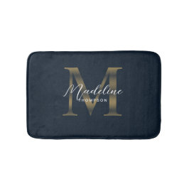 Alfombrilla De Baño Simple Script Metallic Navy Blue Gold Monogram
