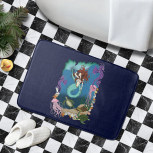 Alfombrilla De Baño Sirena Mística Fantasía Oceánica Azul Vida Marina