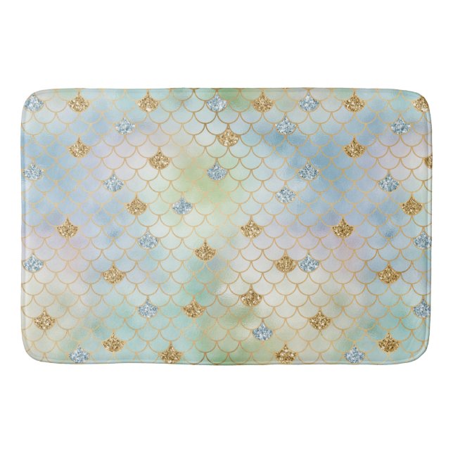 Alfombrilla De Baño Sirena Purpurina Aqua Blue Mint Gold (Anverso)