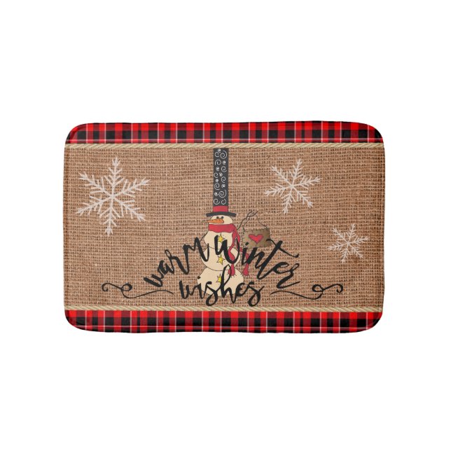 Alfombrilla De Baño Snowman Feliz Navidad con brocha y burlap (Anverso)