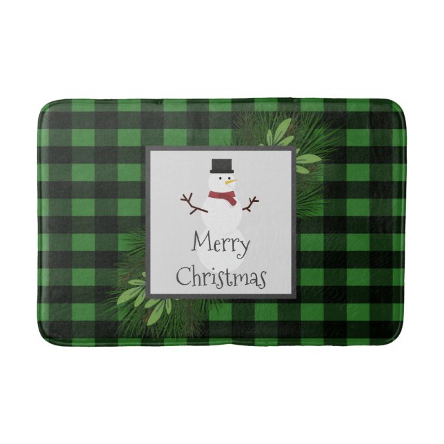 Alfombrilla De Baño Snowman Green Buffalo Plaid Bath Mat (Anverso)