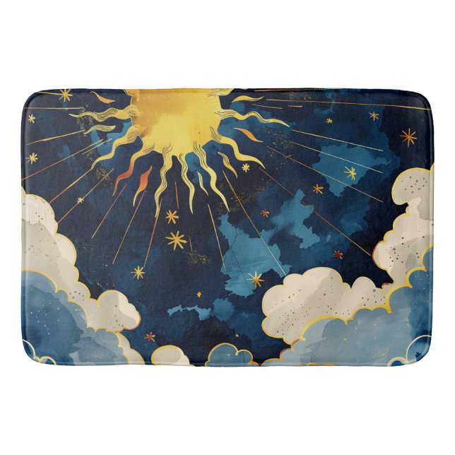 Alfombrilla De Baño Sol Celeste Moderno Estrellas y Nubes Azules (Anverso)