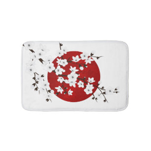 Alfombrilla De Baño Sol Naciente De Flor De Cerezo Blanco Y Negro Rojo