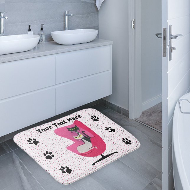 Alfombrilla De Baño Sophisticated Cats in Pink Chair Diamonds Dots (Two cats in mid century style pink chair paw prints polka dots on white bath mat.)