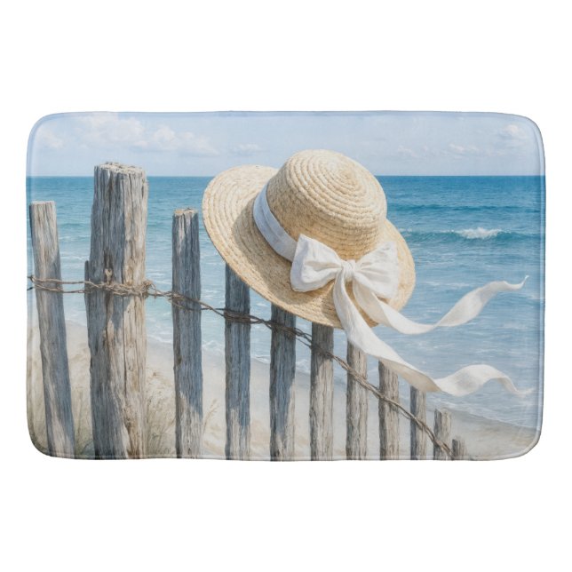 Alfombrilla De Baño Summer Straw Hat On Beach Fence (Anverso)