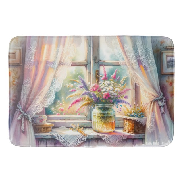 Alfombrilla De Baño Sunlit Cottage Window Wildflowers (Anverso)
