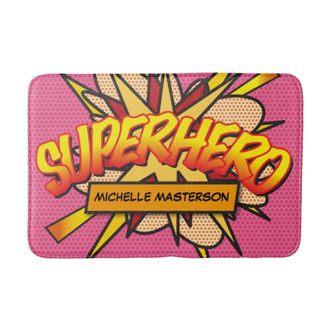 Alfombrilla De Baño SUPERHÉROE Libro de Cómic Rosa Personalizado Diver (Anverso)