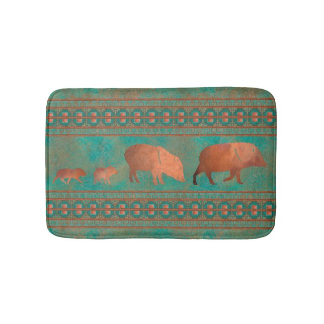 Alfombrilla De Baño Suroeste Cute Javelina Familia Cobre Verde azulado (Anverso)