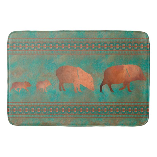 Alfombrilla De Baño Suroeste Cute Javelina Familia Cobre Verde azulado (Anverso)