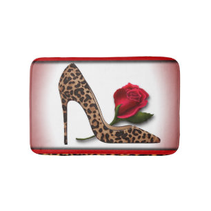 Alfombrilla De Baño Tacón alto del leopardo y rosa rojo